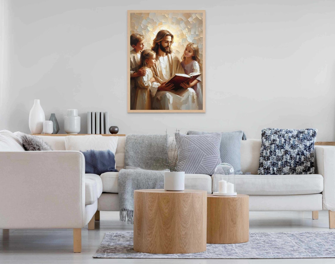 Jesus Reading Book To Three Children In Warm Impasto Painting Poster - Image 6