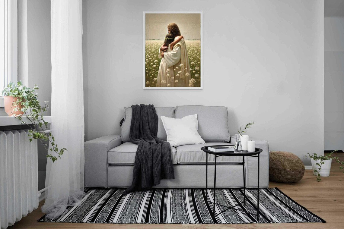 Jesus Holding Girl With Flower Crown In Field Of White Blossoms Poster - Image 4