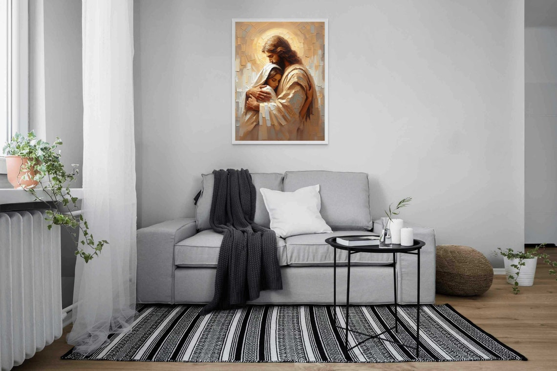 Jesus Embracing Veiled Woman Beneath Golden Mosaic Halo Art Poster - Image 3