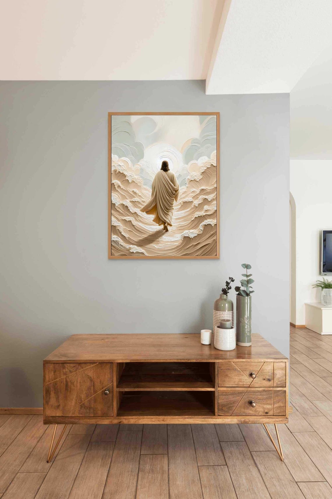 Jesus Walking On Water Between Towering Waves Cream Impasto Poster - Image 2