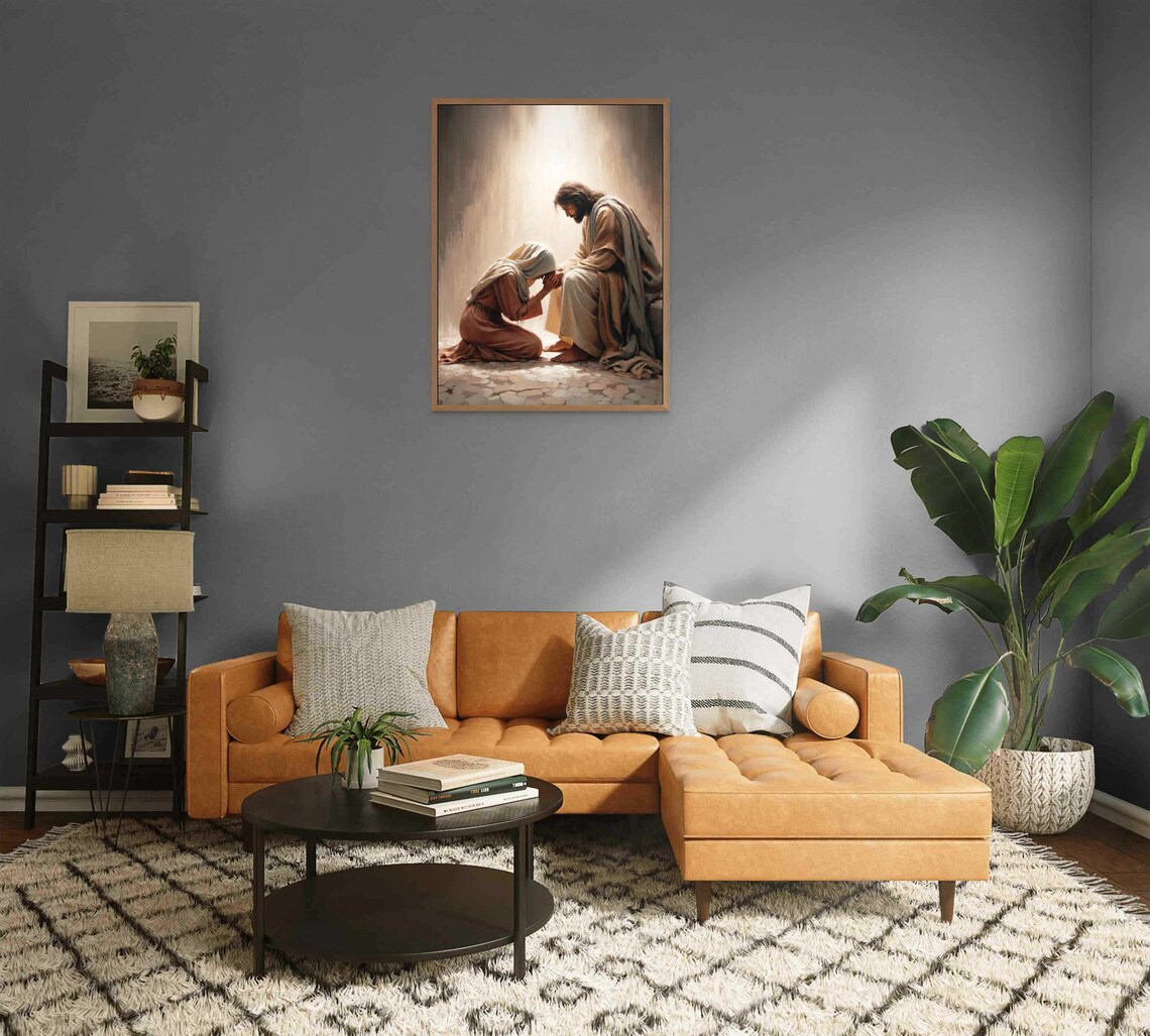Jesus Comforting Kneeling Woman Prayer Hands Christian Art Poster - Image 2