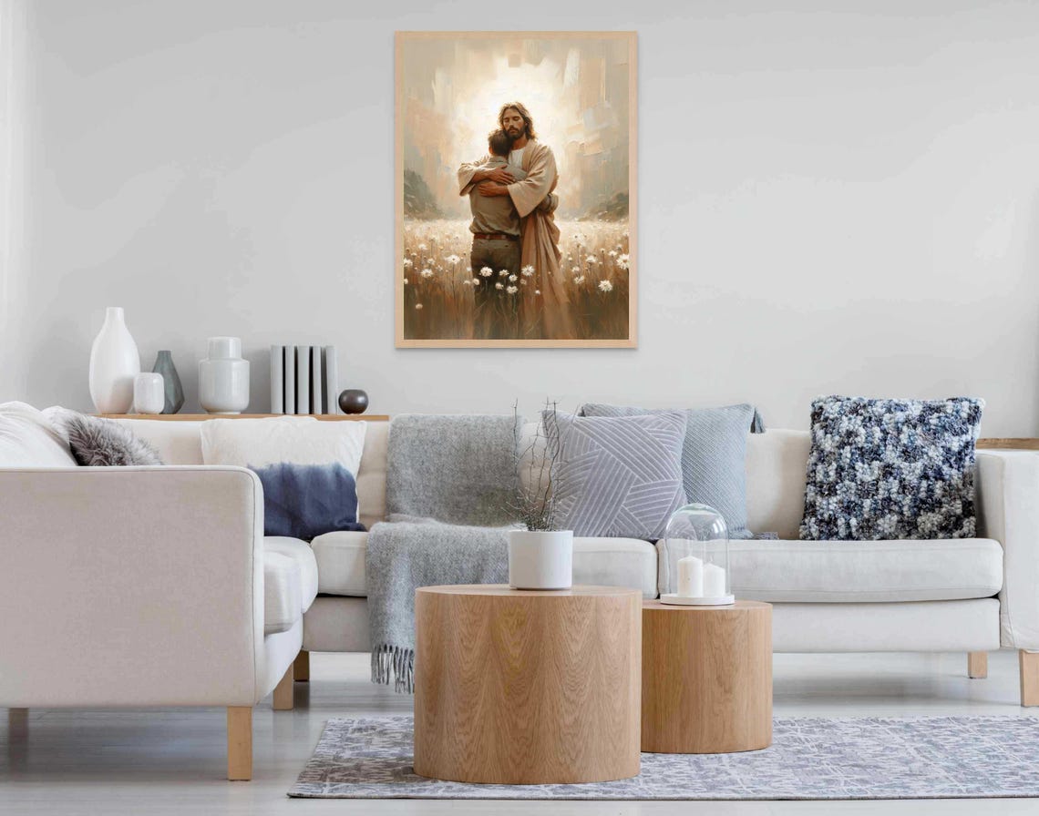 Jesus Embracing Man In Daisy Field Under Radiant Heavenly Light Poster - Image 7