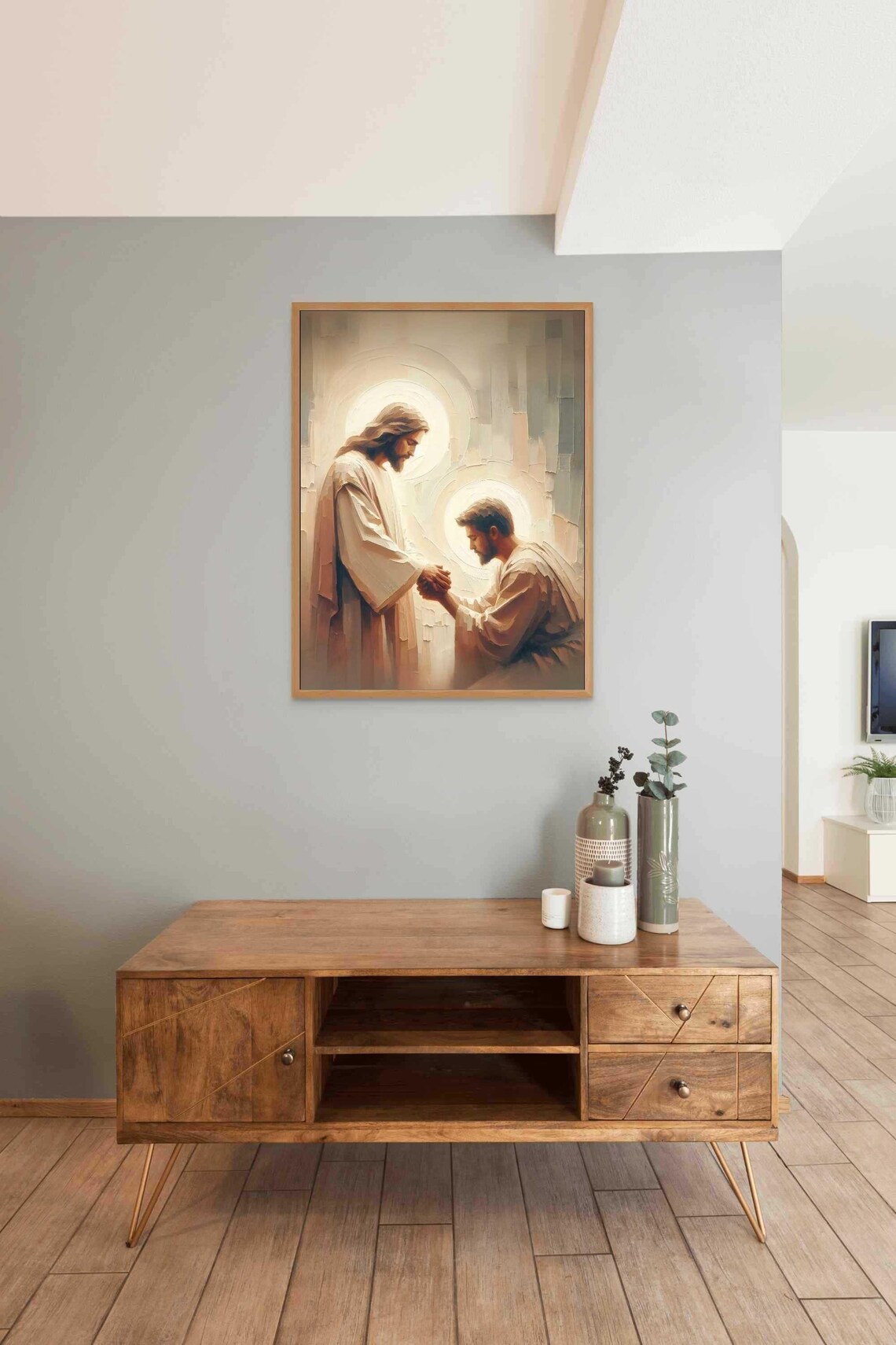 Jesus Holding Kneeling Man's Hands In Prayer With Soft Halo Glow Poster - Image 3