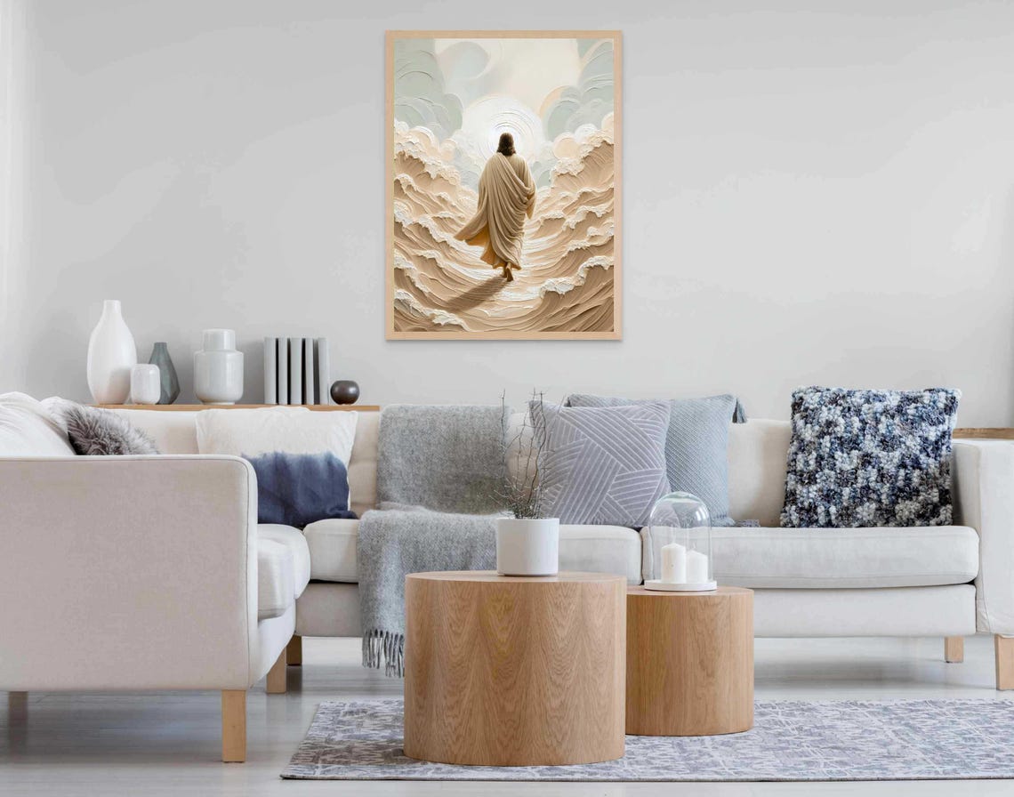 Jesus Walking On Water Between Towering Waves Cream Impasto Poster - Image 5