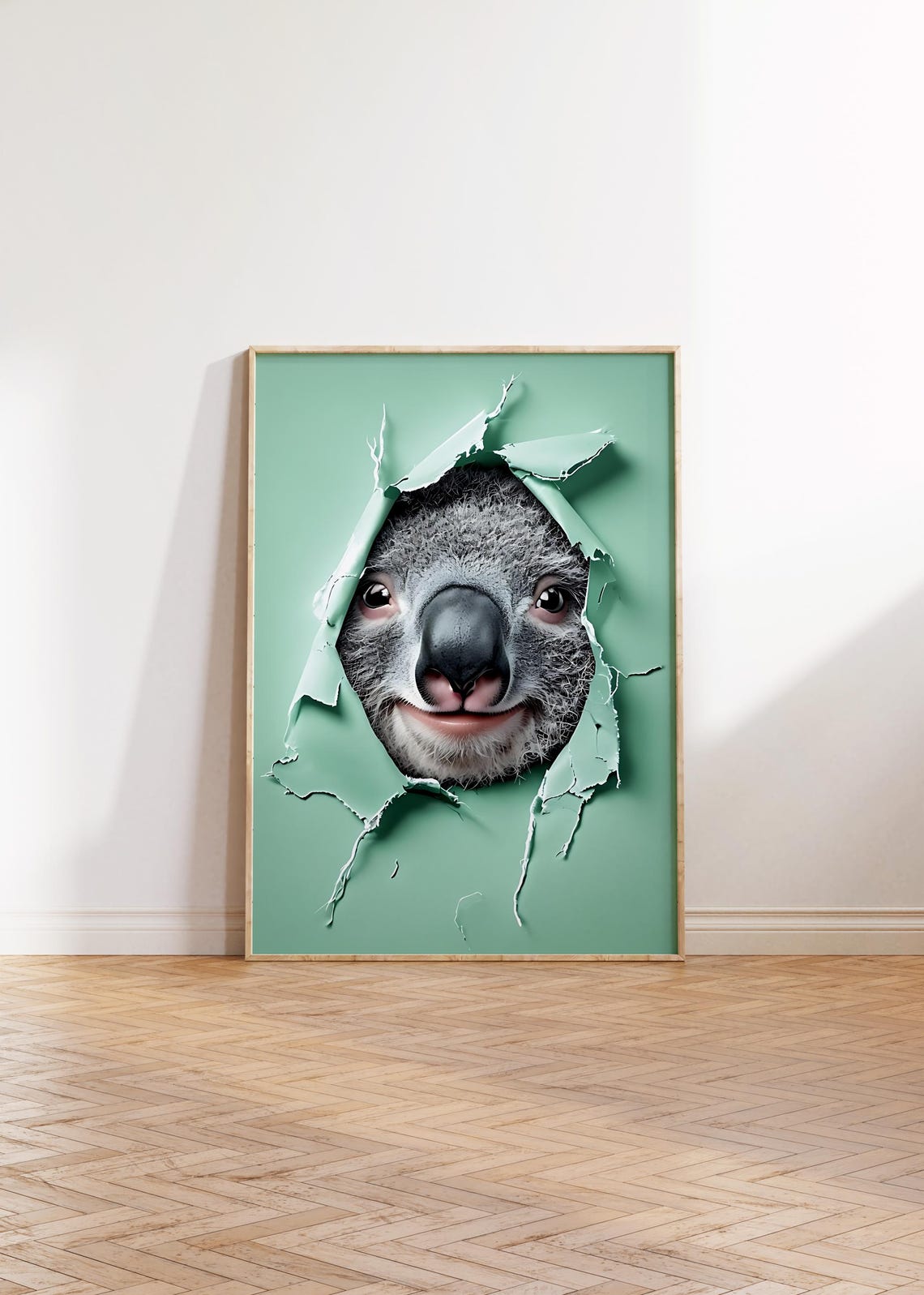 Cheeky Koala Face Bursting Through Torn Sage Paper 3D Pop Art Poster