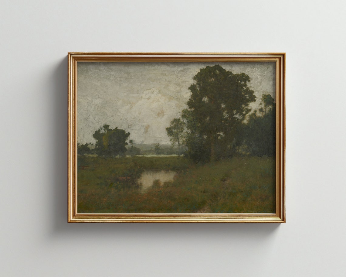 Moody Dark Academia Countryside Pond Trees Landscape Art Print - Image 3