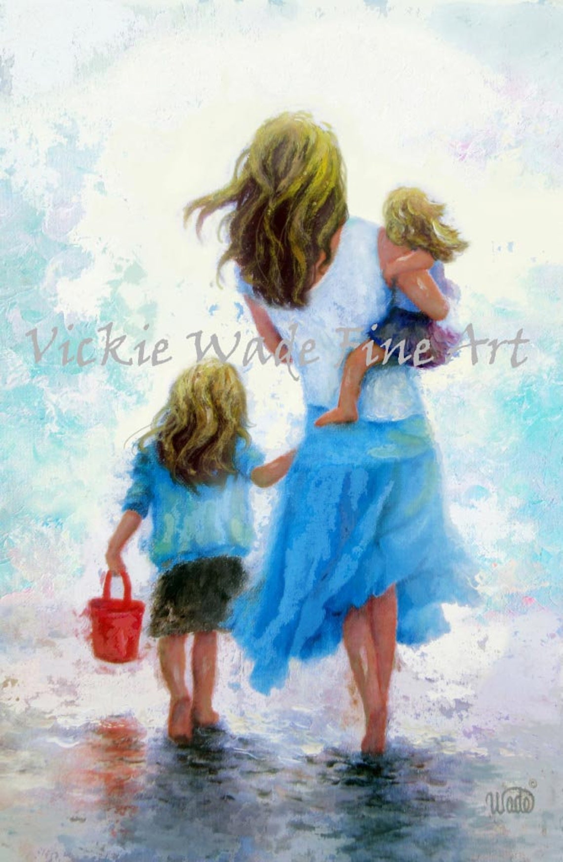 Blonde Mother With Two Daughters Walking Barefoot on the Beach Poster