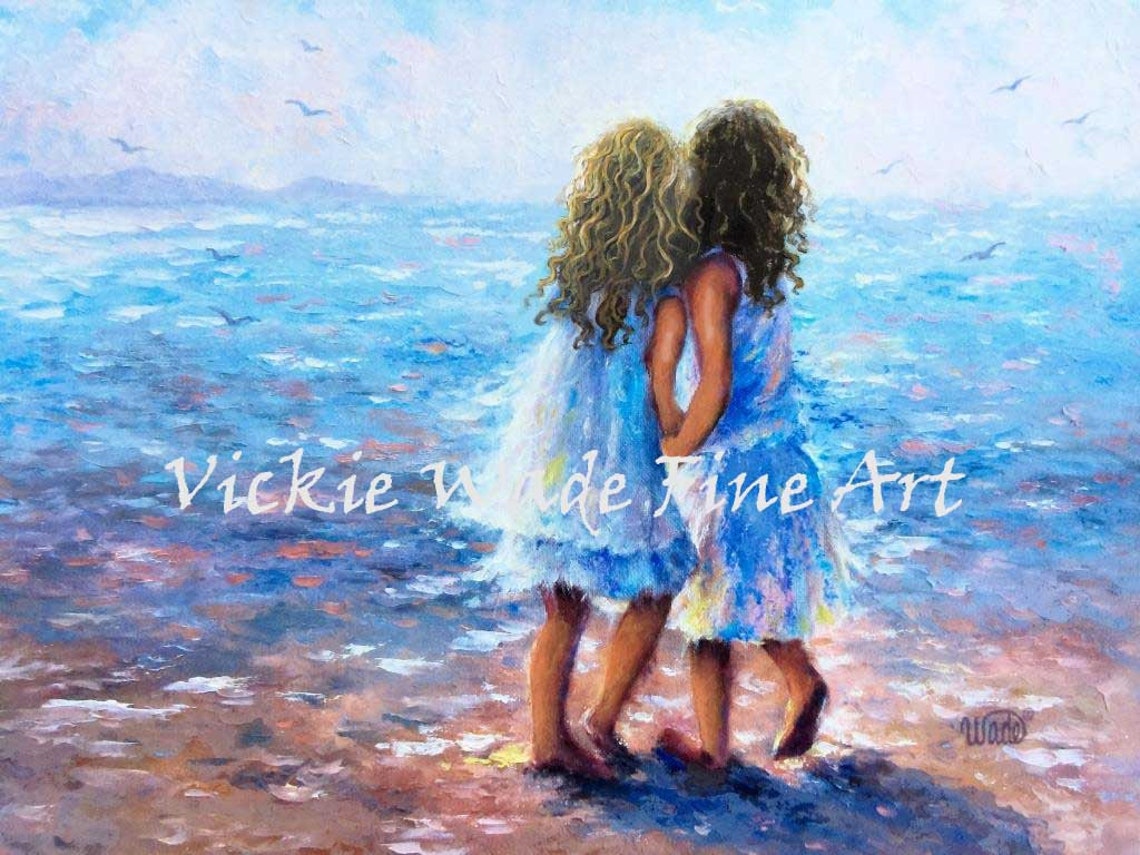 Two Curly-Haired Sisters Walking Hand in Hand in the Surf Poster