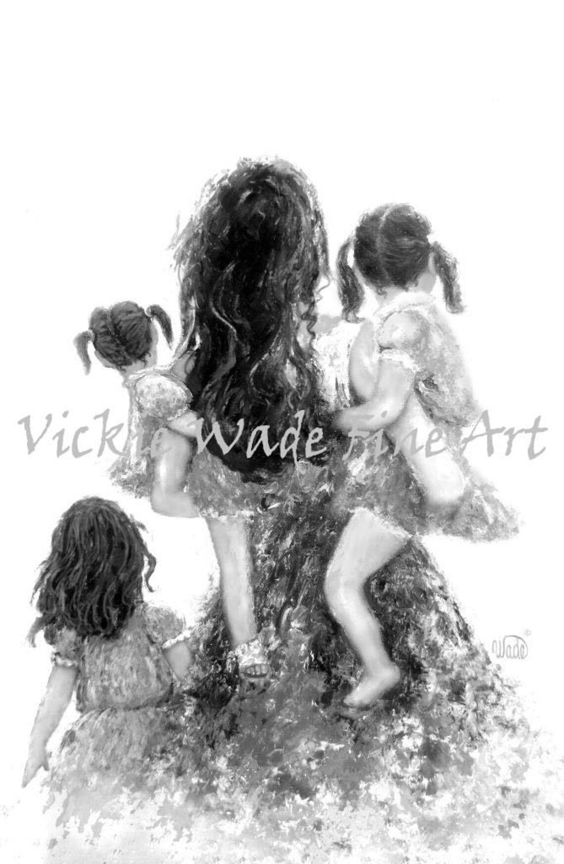 Mother Carrying Three Daughters Black and White Family Poster