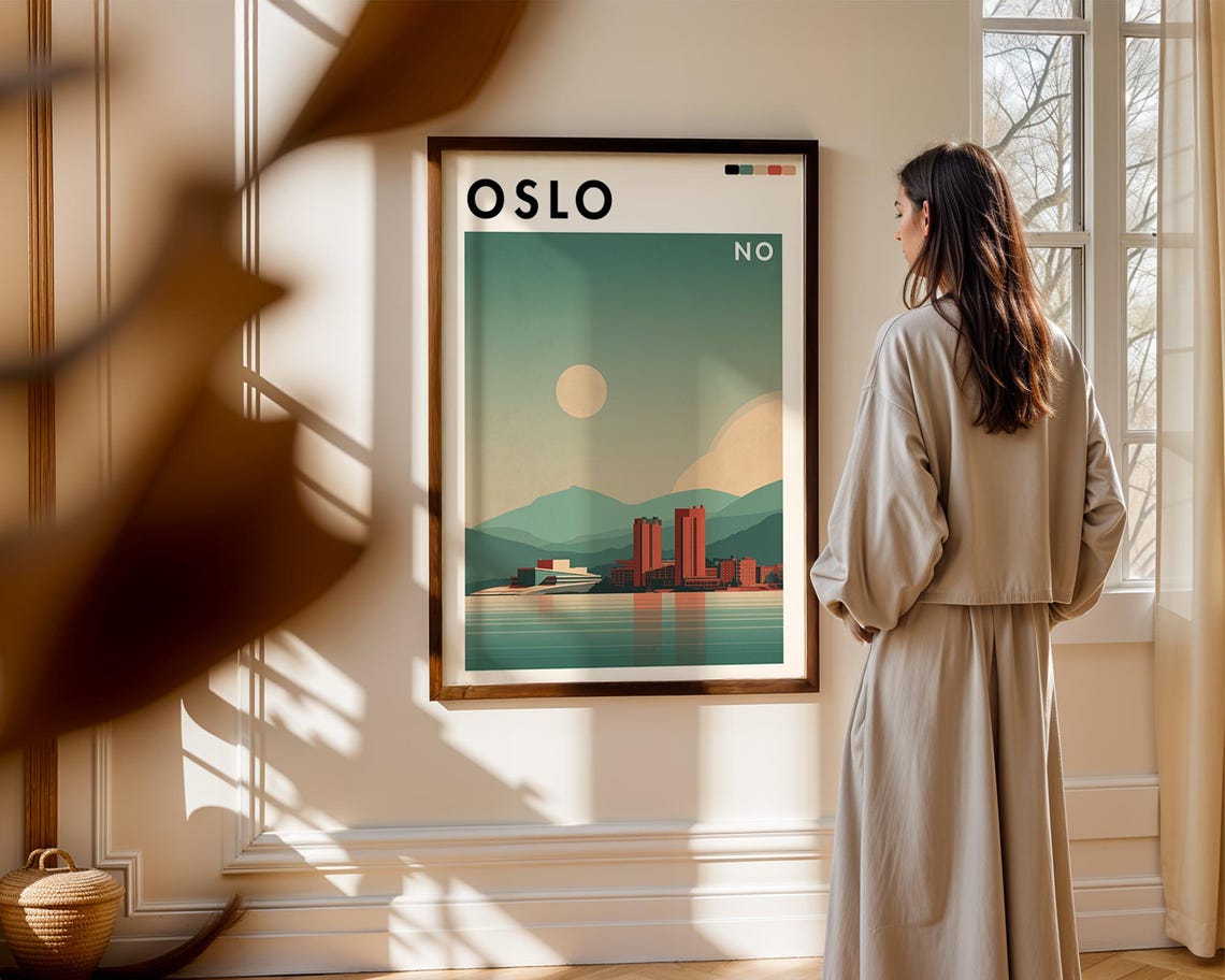 Oslo Norway Retro Minimal Skyline Harbor Fjord Sunset City Poster
