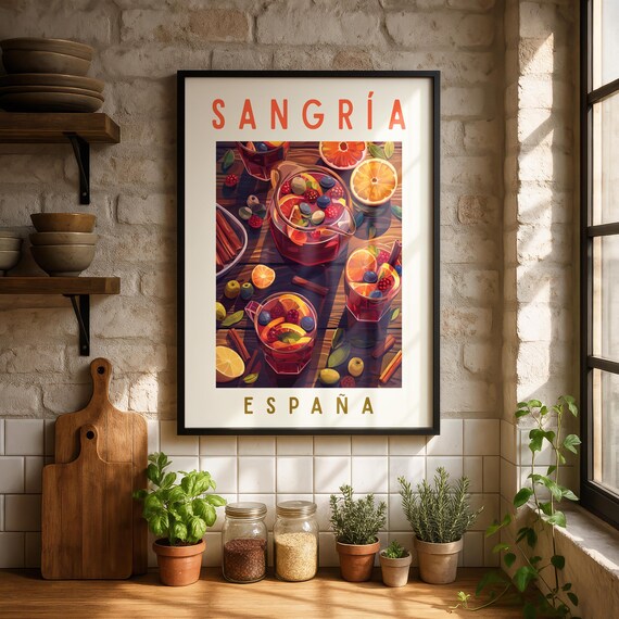 Sangria Espana Retro Travel Drink Poster with Vintage Spanish Kitchen Charm