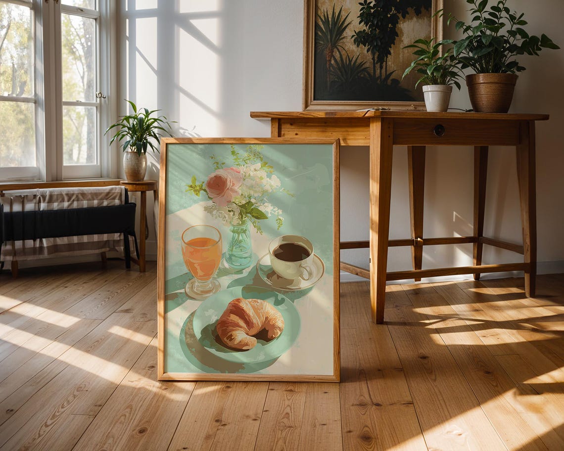 Coffee And Croissant Breakfast Table Still Life Cozy Kitchen Poster