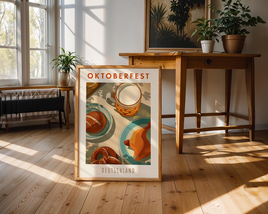 Oktoberfest Germany Beer Stein Pretzel Poster Retro Bavarian Festival Kitchen Decor