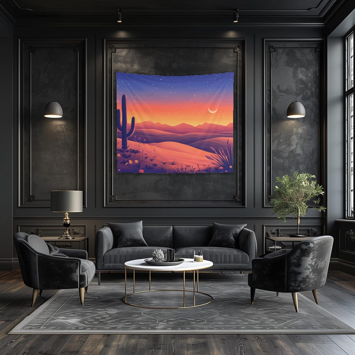 Desert Dreamscape Sunset Cactus Dunes Crescent Moon Starry Poster - Image 3