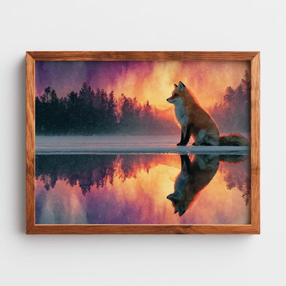 Red Fox On Frozen Pond At Sunset Wildlife Art Moody Winter Scene Forest Reflections Rustic Wall Decor Painting 239