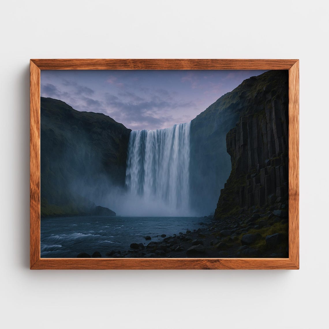 Majestic Waterfall at Dusk Poster Misty Cliffs Moody Nature Scene Art
