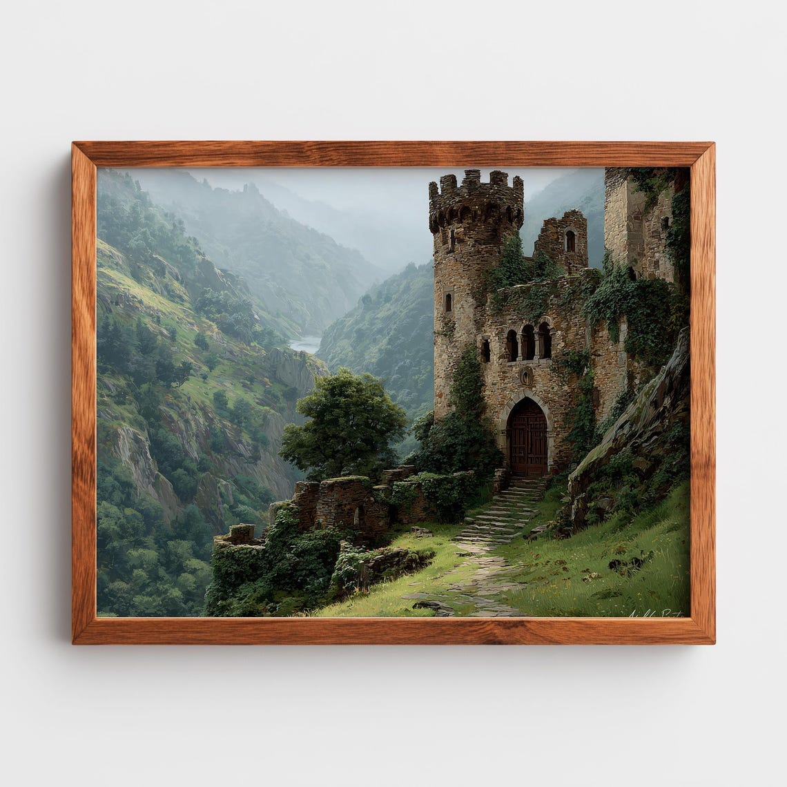 Castle Ruins Above Misty Gorge Ancient Forest Moody Landscape Poster