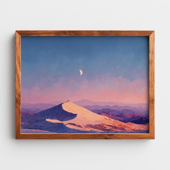 Minimalist Desert Watercolor With Moonlit Sky Calm Pastel Artwork Earthy Landscape Print Tranquil Wall Decor 234
