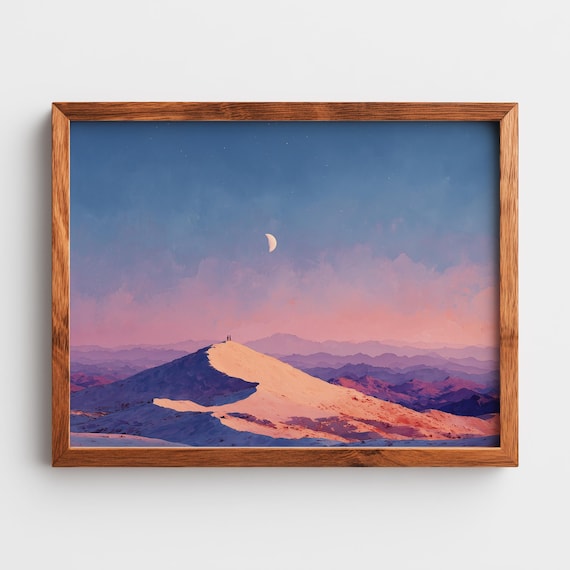 Moonlit Desert Dunes Watercolor Poster Pastel Night Sky Calm Landscape