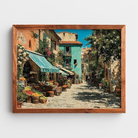 Provence Street Scene Rustic Summer Market Painting Colorful Village Decor French Country Wall Art Vintage Illustration 143
