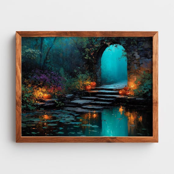 Mystic Stone Archway By Moonlight Enchanted Forest Night Scene Moody Wall Art Dreamy Landscape Print 110