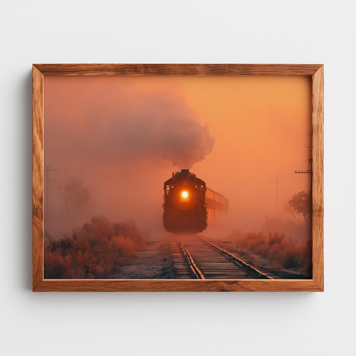 Vintage Steam Locomotive Emerging from Orange Mist Moody Railway Print