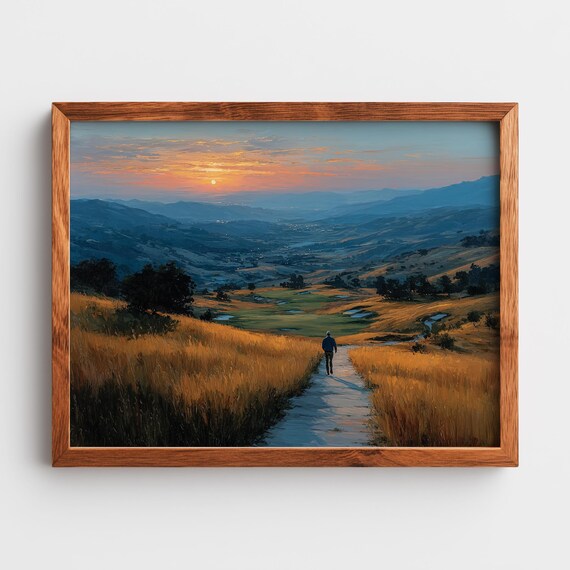 Moody Sunset Golfer Silhouette Wall Art Serene Landscape Painting Rustic Autumn Decor Open Fields 265