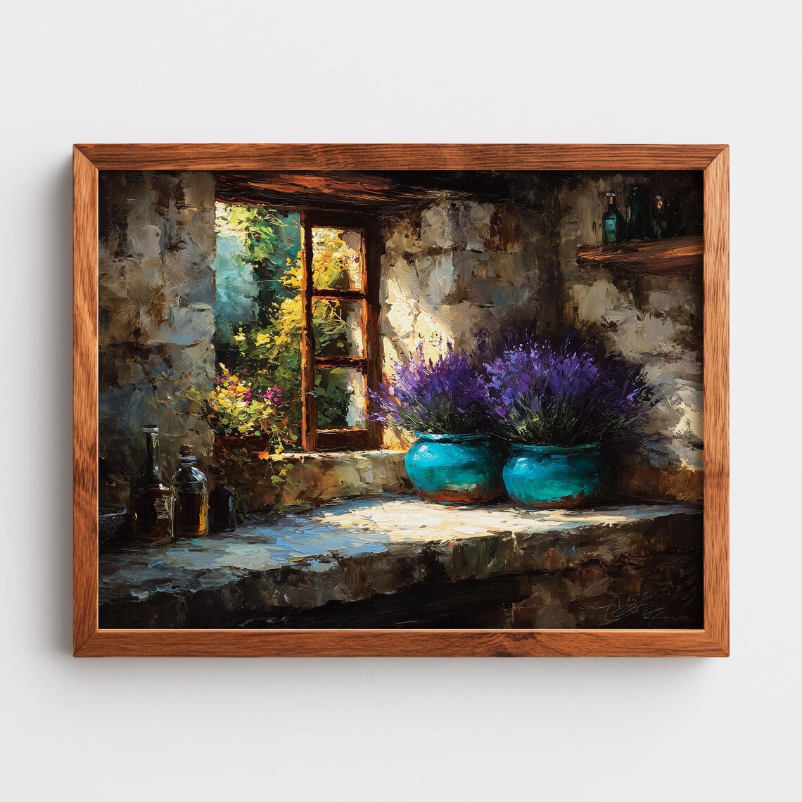 Rustic French Kitchen Lavender Pots Stone Window Cozy Oil Painting Print