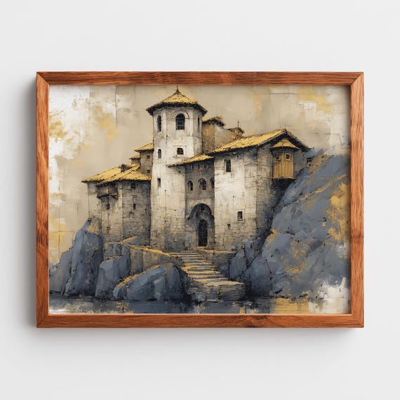 Rustic Mountain Monastery Vintage Charcoal And Ink Sketch Art Remote Retreat Wall Decor Tranquil Scene Illustration 38