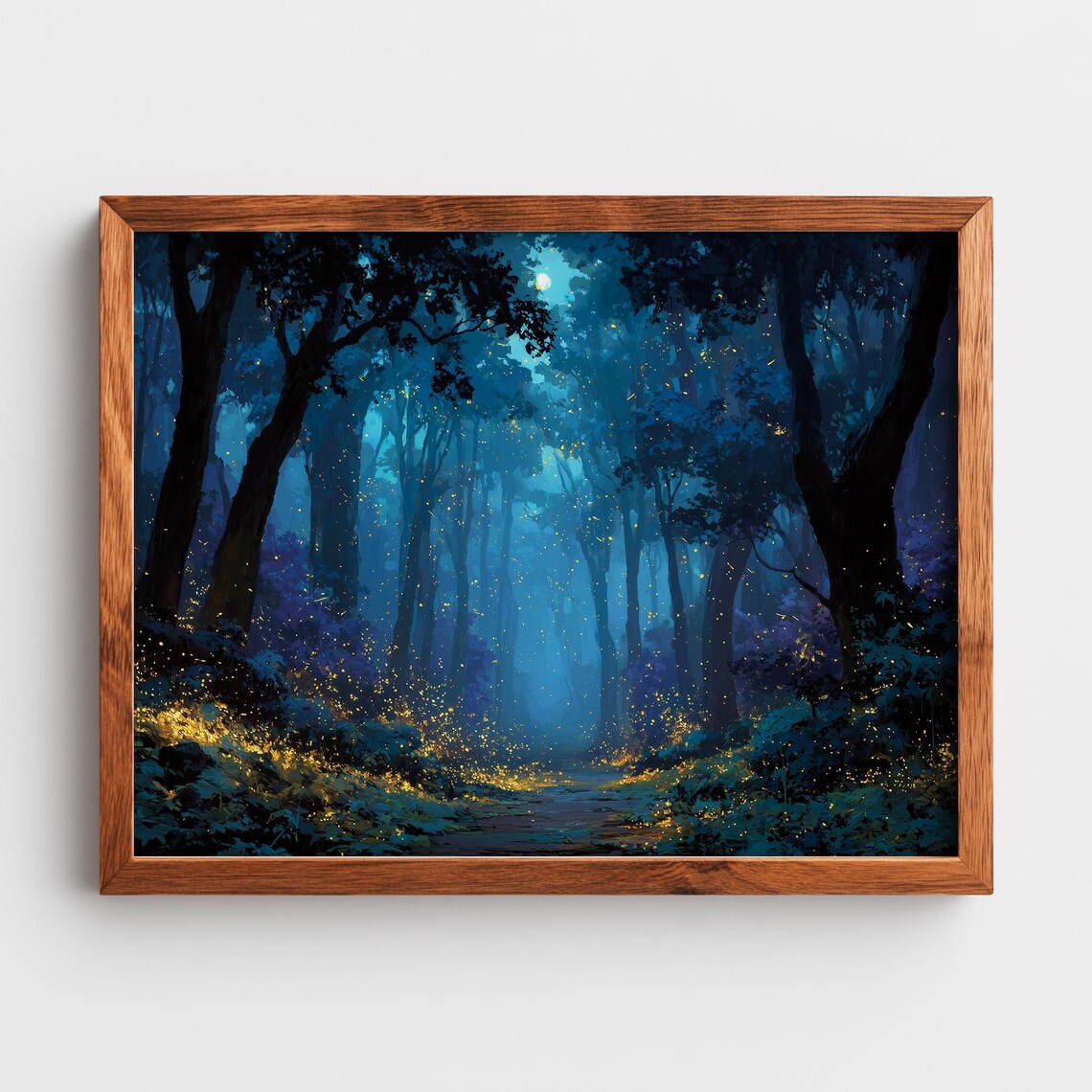Moonlit Forest Fireflies Mystical Night Woodland Fantasy Art Poster