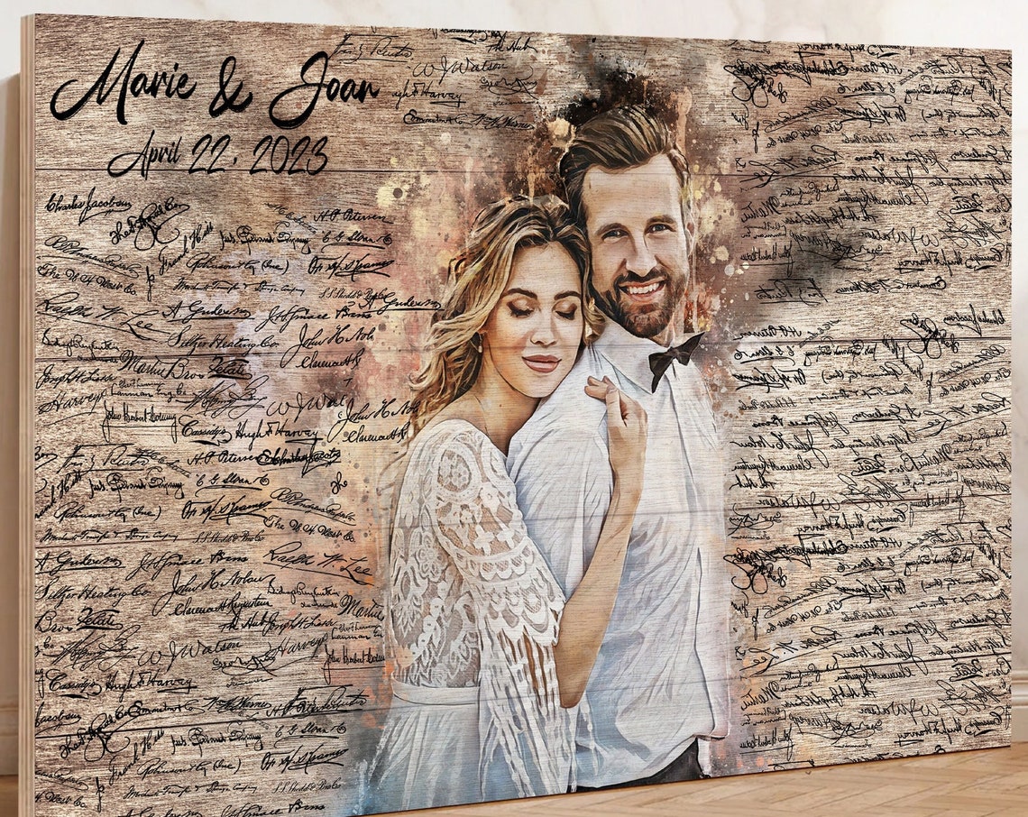 Wedding Guest Book Signature Board Couple Portrait Rustic Poster