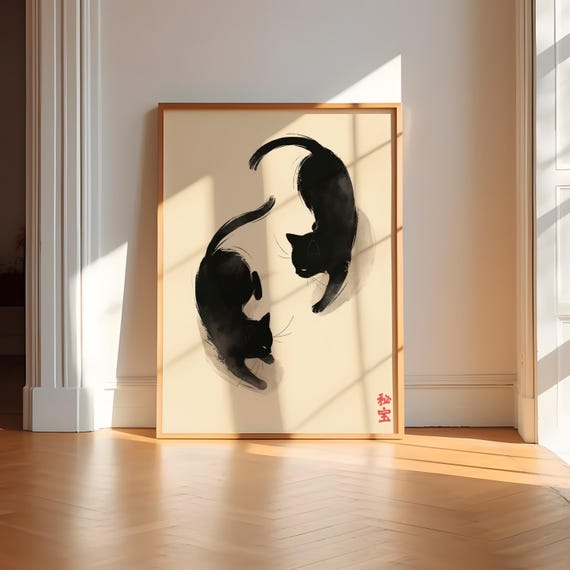 Black Cat Japanese Cats Minimalist Art Print