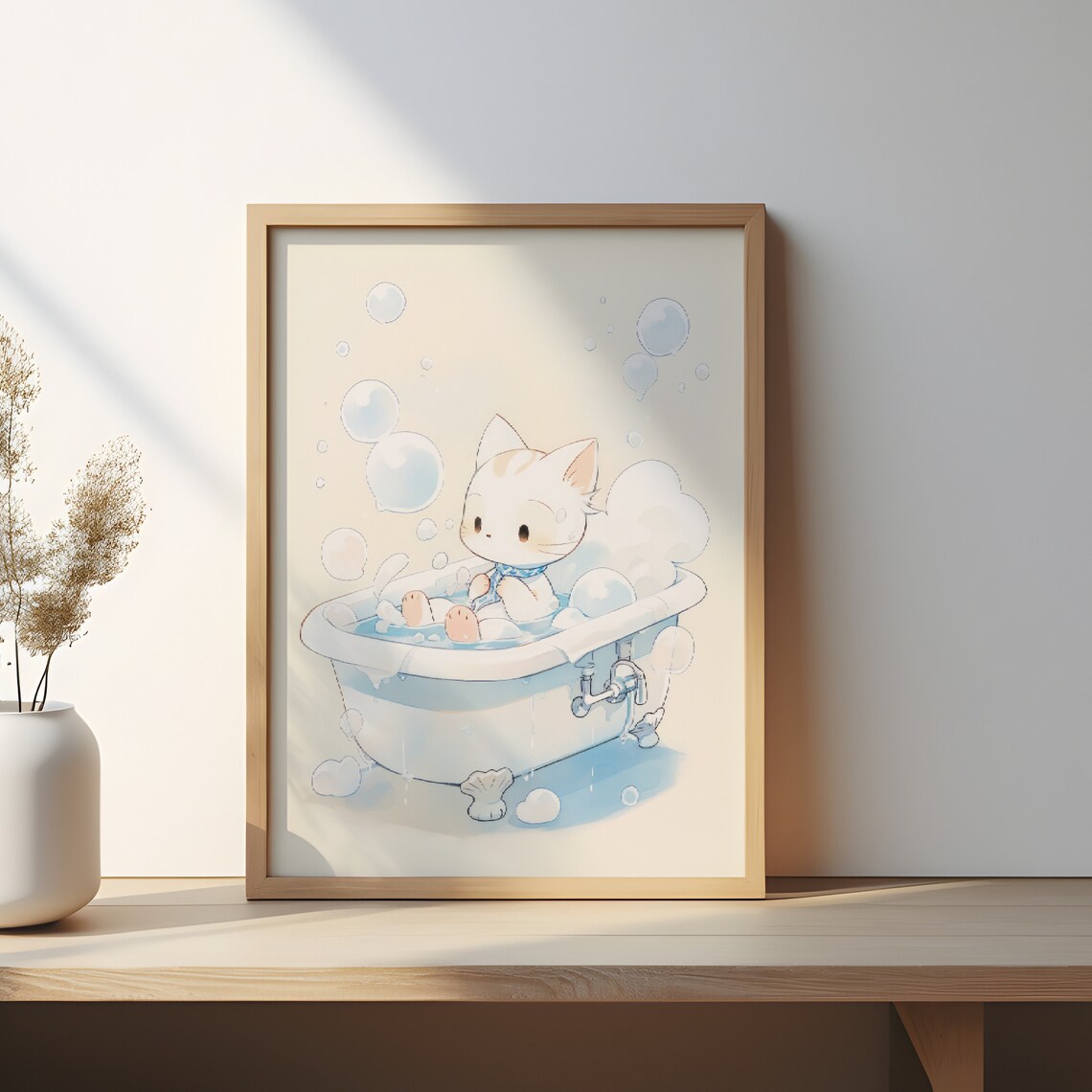 Cute Cat Bubble Bath Japanese Pastel Watercolor Bathroom Art Poster