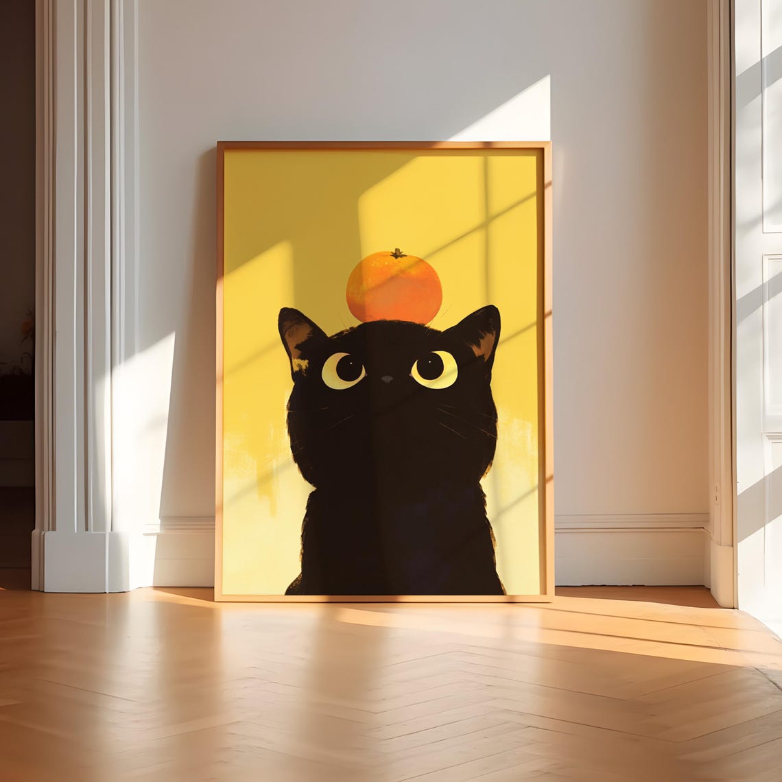 Black Cat Balancing Mandarin Orange on Head Funny Cat Poster