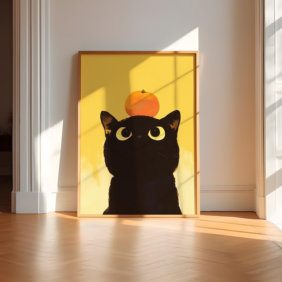 Mandarin Orange Art Black Cat Asian Wall Fruit Print Kitchen Funny