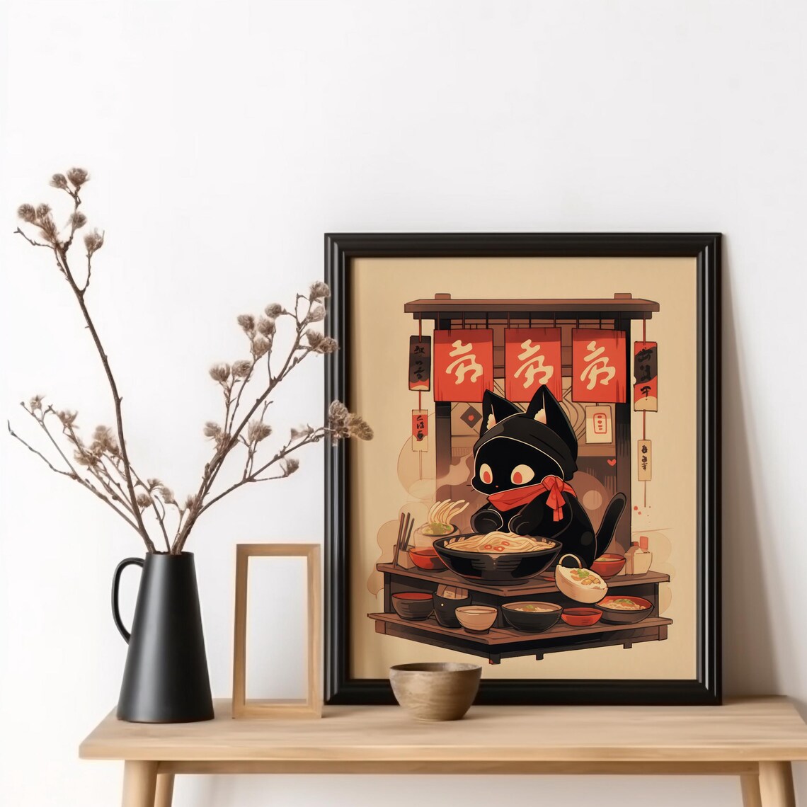 Ramen Shop Cat Poster, Japanese Kitchen Wall Art