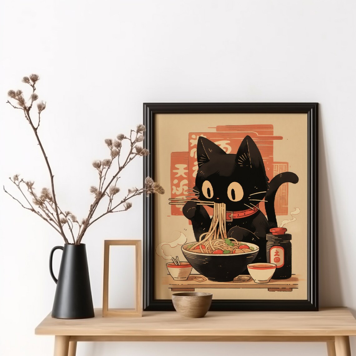 Noodle Black Cat Poster, Tokyo Edo Period Art Print
