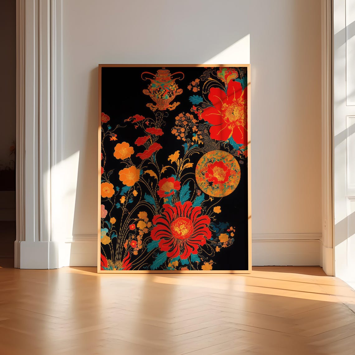 Asian Peony Floral Art on Black Oriental Decorative Wall Poster