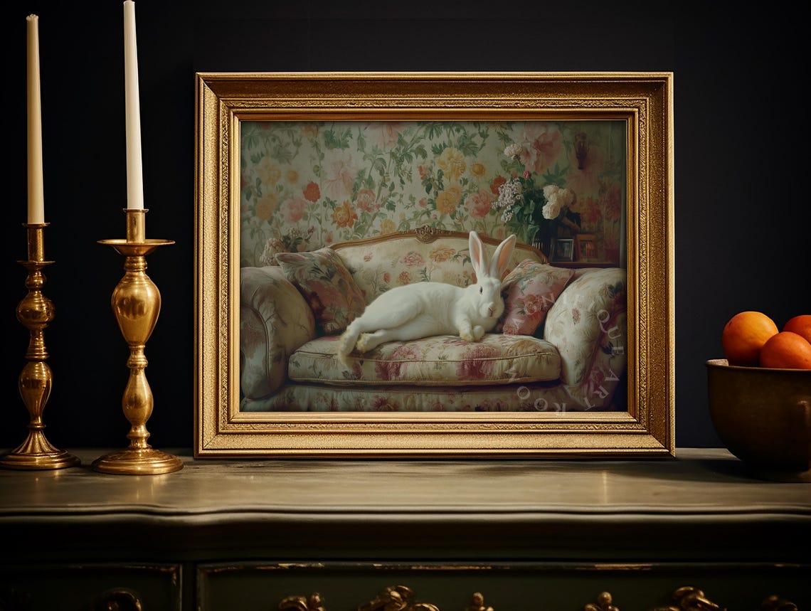 White Bunny Lounging On Floral Sofa Vintage Floral Parlor Easter Print - Image 2