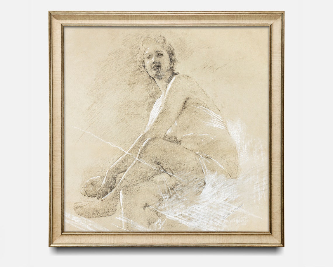 Seated Nude Woman Charcoal Figure Study Vintage Sketch Art Poster