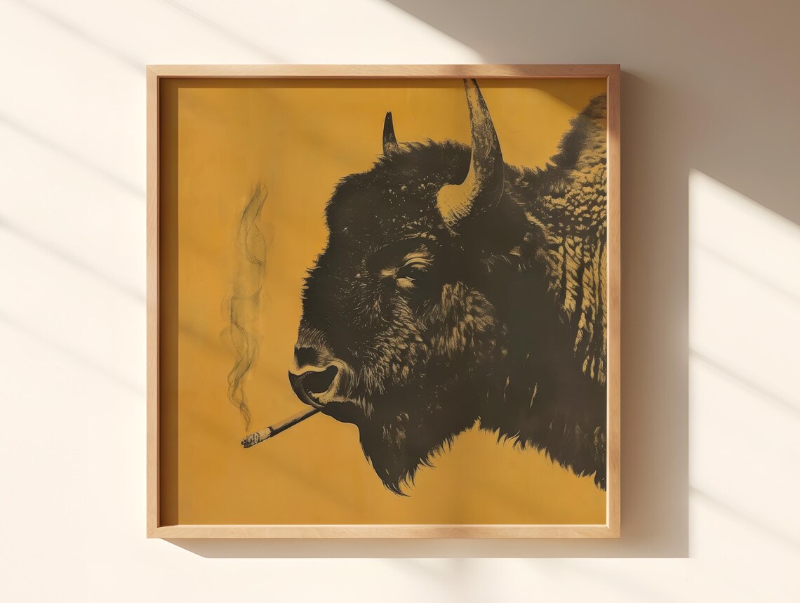 Bison Smoking a Cigarette on Mustard Yellow Vintage Wildlife Poster - Image 3