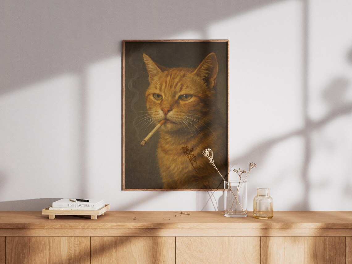 Orange Tabby Cat Smoking a Cigarette Moody Vintage Portrait Poster - Image 2