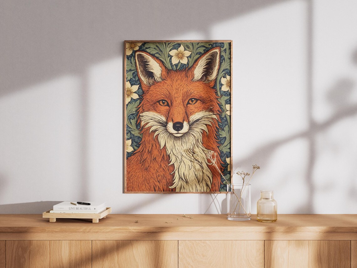 Red Fox Portrait in William Morris Floral Botanical Style Poster - Image 2