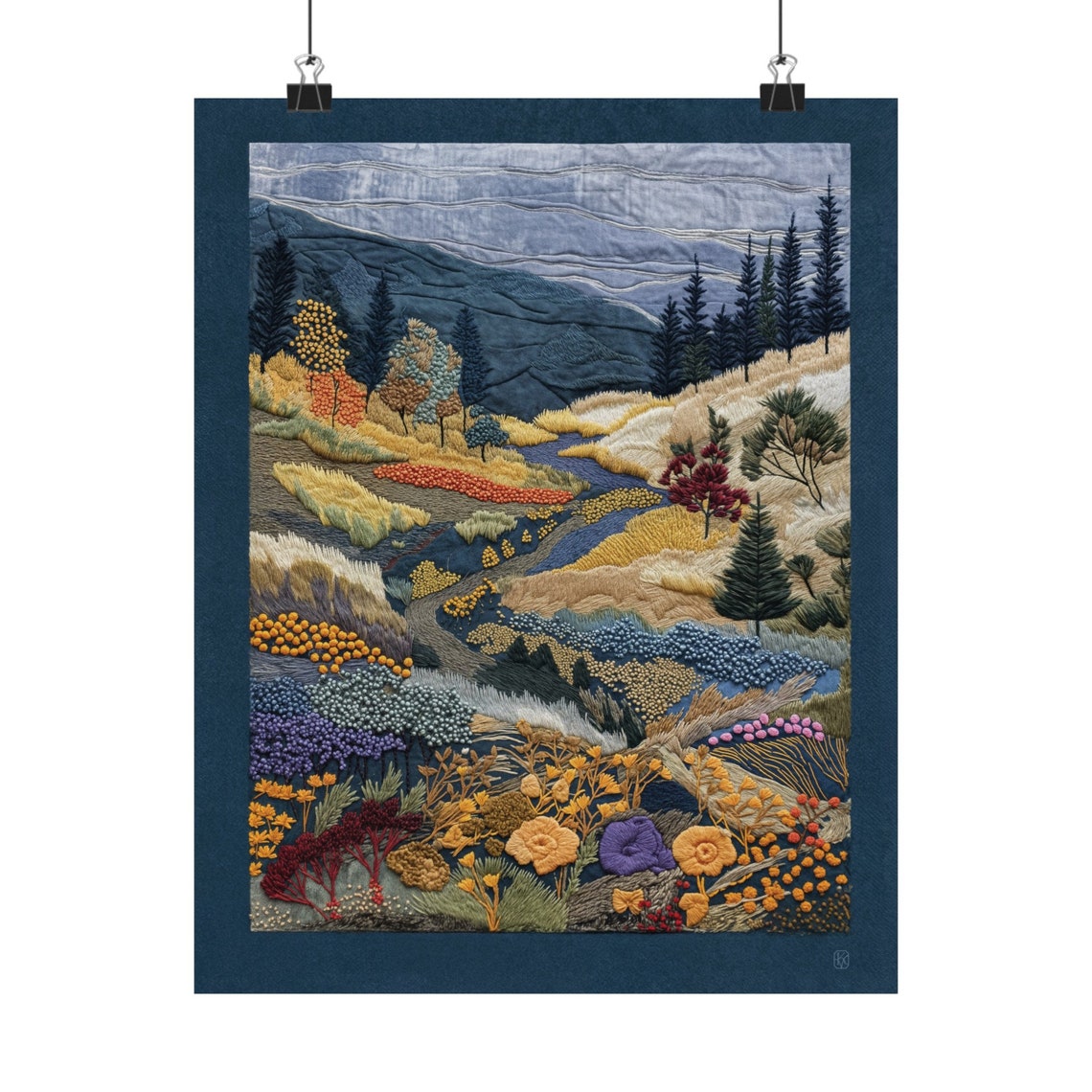 Textured Meadow Landscape Embroidered Wildflower Valley Art Print