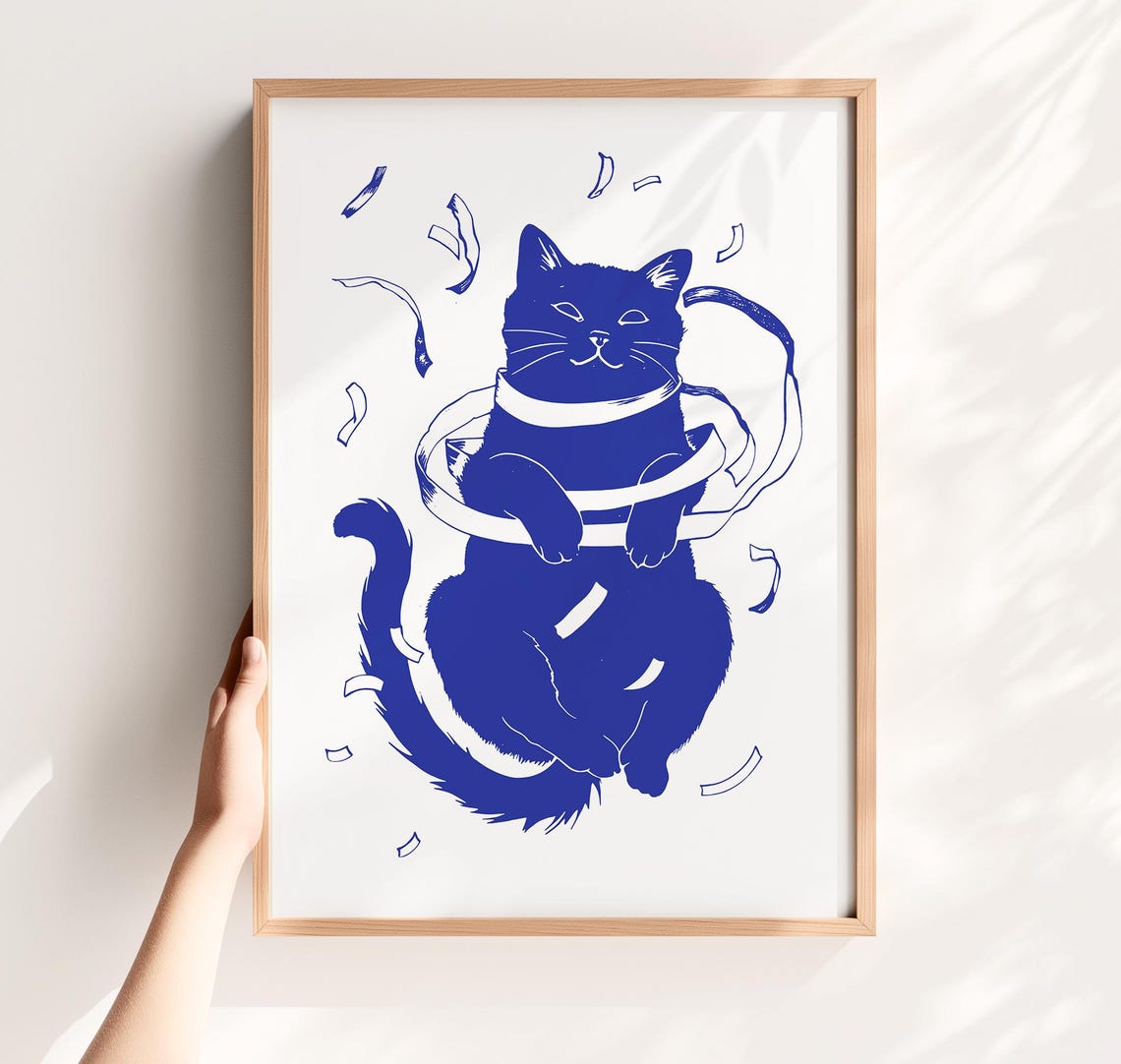 Funny Blue Cat Tangled In Ribbon Poster Playful Bathroom Wall Decor