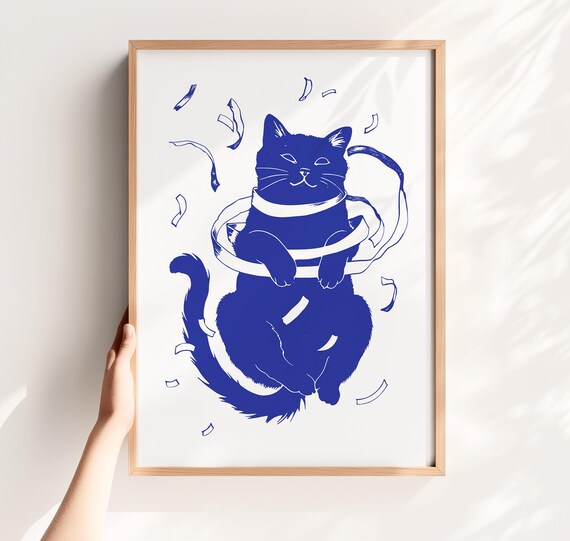Funny Blue Cat Tangled In Ribbon Poster Playful Bathroom Wall Decor
