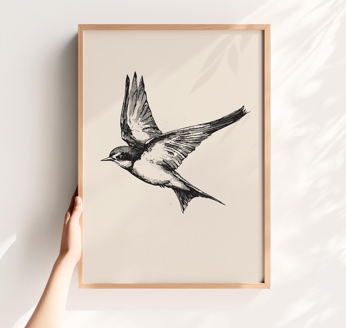 Flying Swallow Vintage Ink Sketch Neutral Minimalist Elegant Bird Art Poster