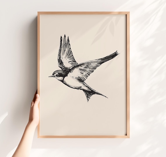 Flying Swallow Vintage Ink Sketch Neutral Minimalist Elegant Bird Art Poster