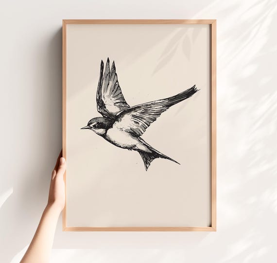 Retro Swallow Print Bird Sketch Art Home Decor Abstract Vintage Nursery Neutral Minimalist Wall