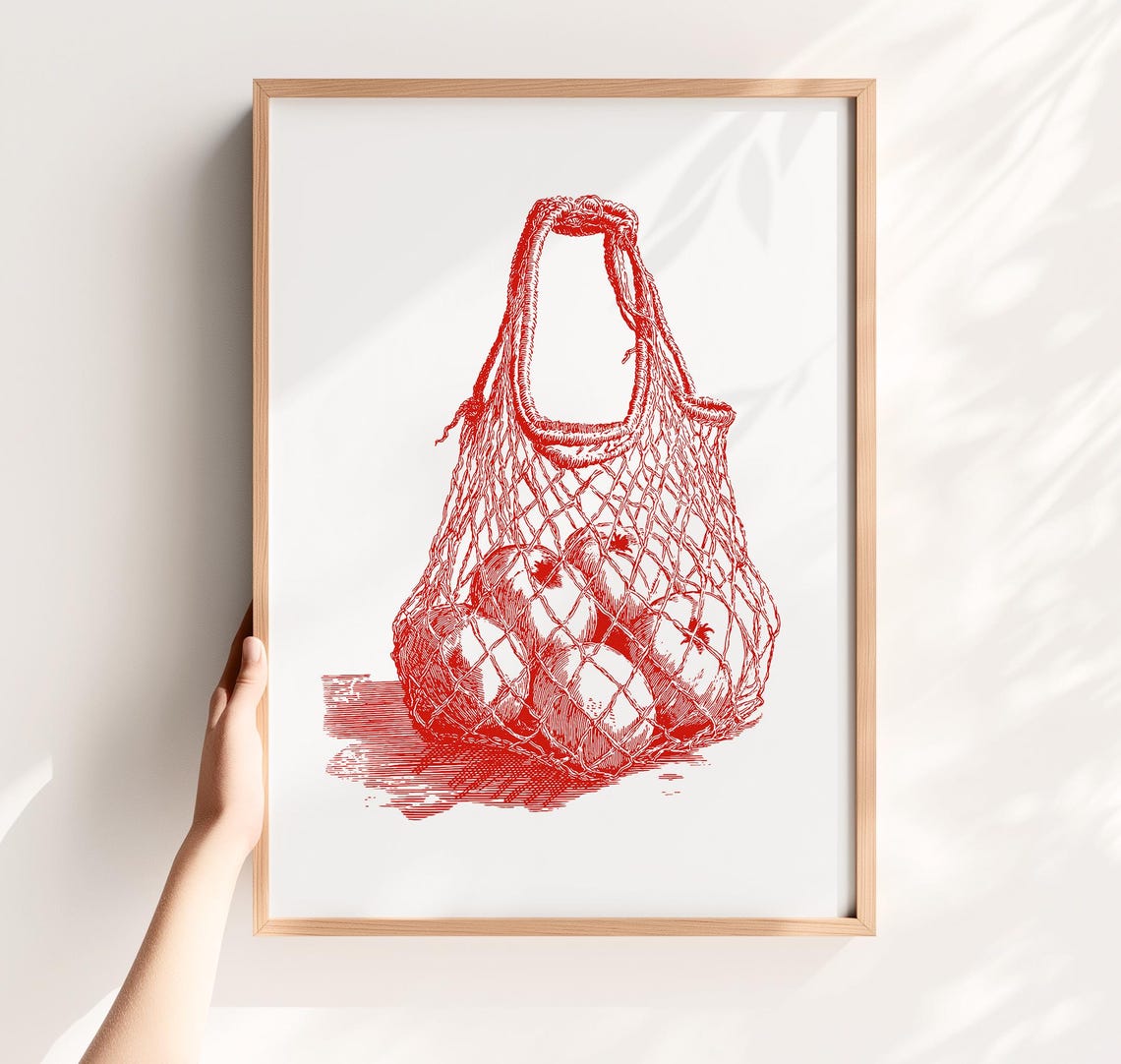 Red Apples String Market Bag Minimalist Red Ink Kitchen Poster